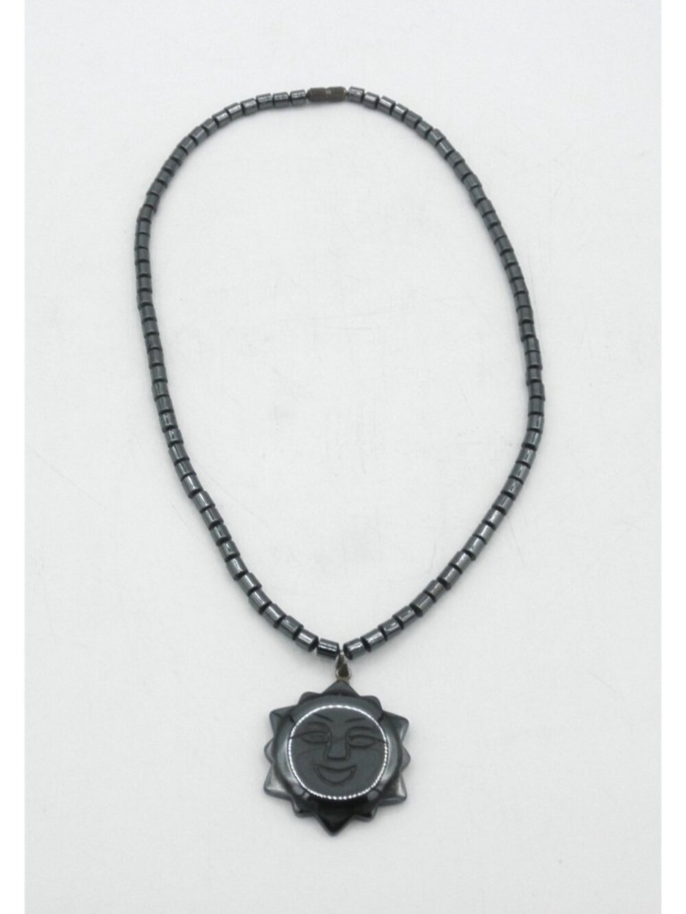 Hematite Beaded Necklace Metallic Gray Black With Sun Face Pendant 17 Inches - Picture 4 of 7